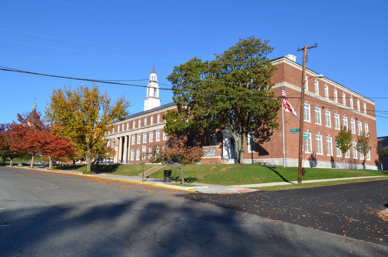 Front view of Alice Deal Middle School in Tenleytown, DC.