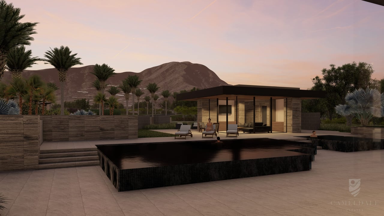 Backyard of modern home with mountain view