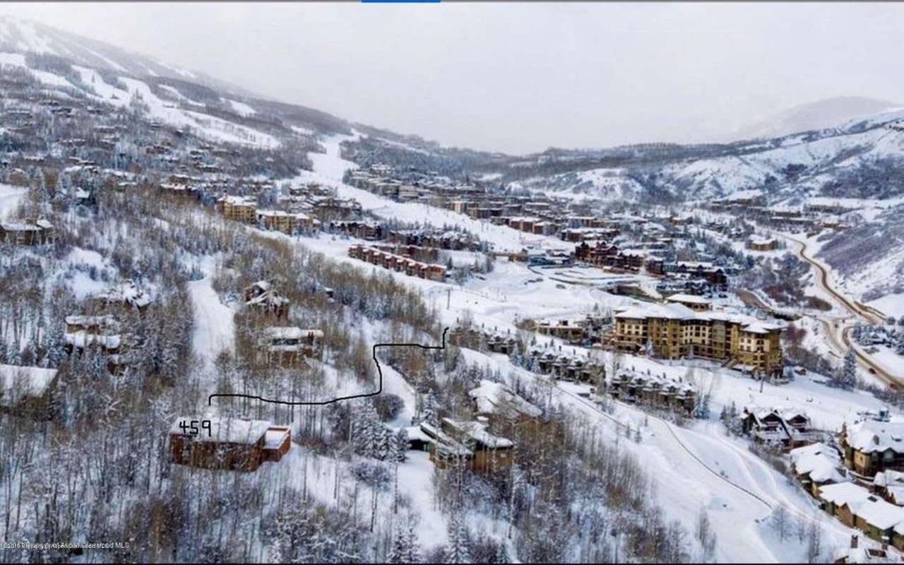 Aerial view of the snow-covered, wooded 459 property, outlined among buildings in a mountain valley.