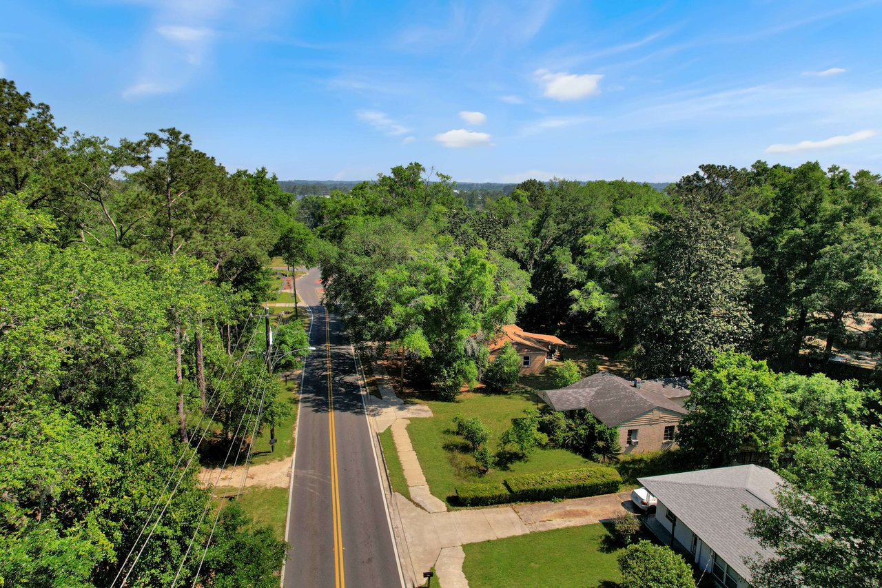 An aerial view of a street in Seminole Manor  showing houses lined up along the street, surrounded by a dense cover of trees and greenery.