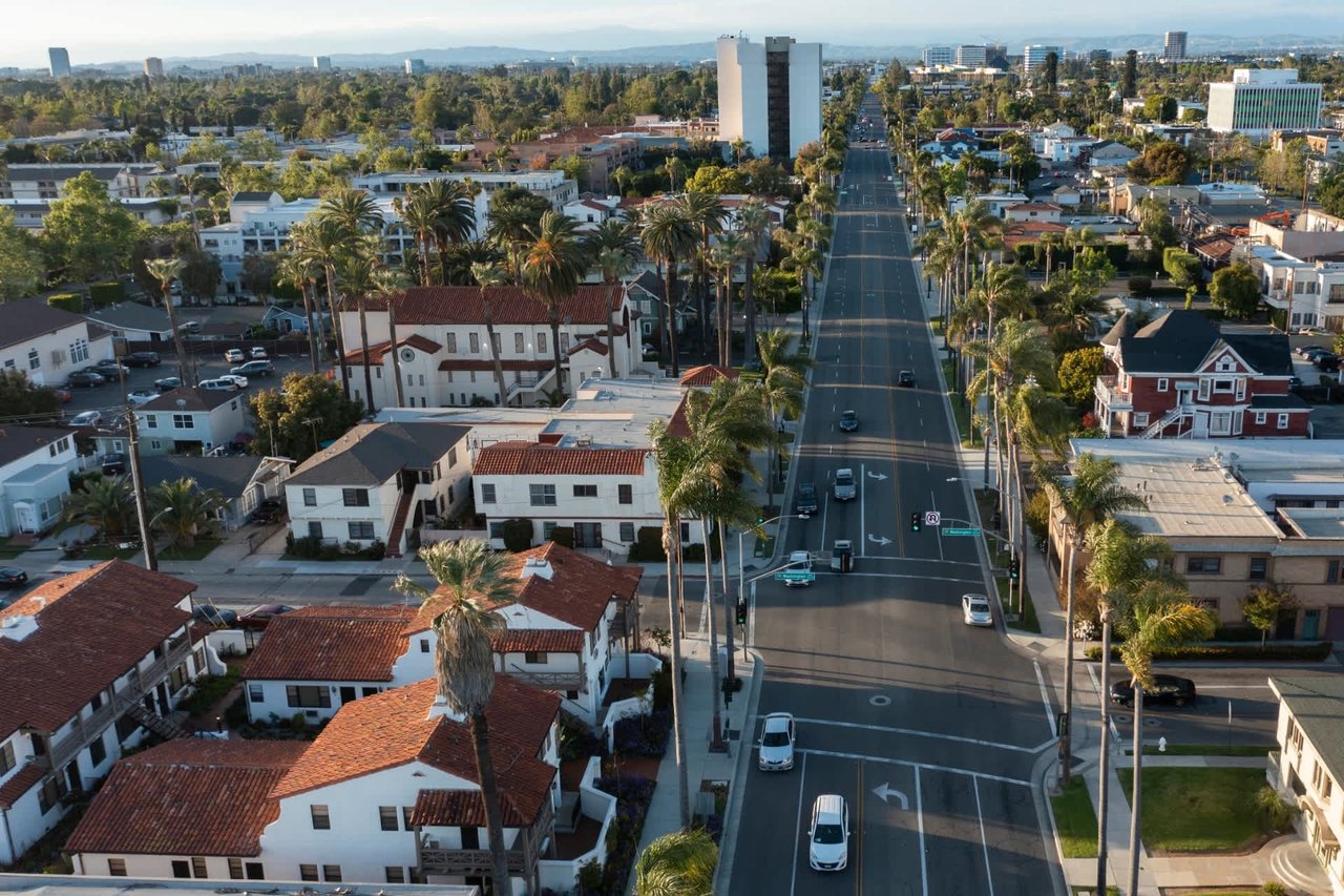 Aerial view of a palm-lined neighborhood and broad street, with distant city buildings.