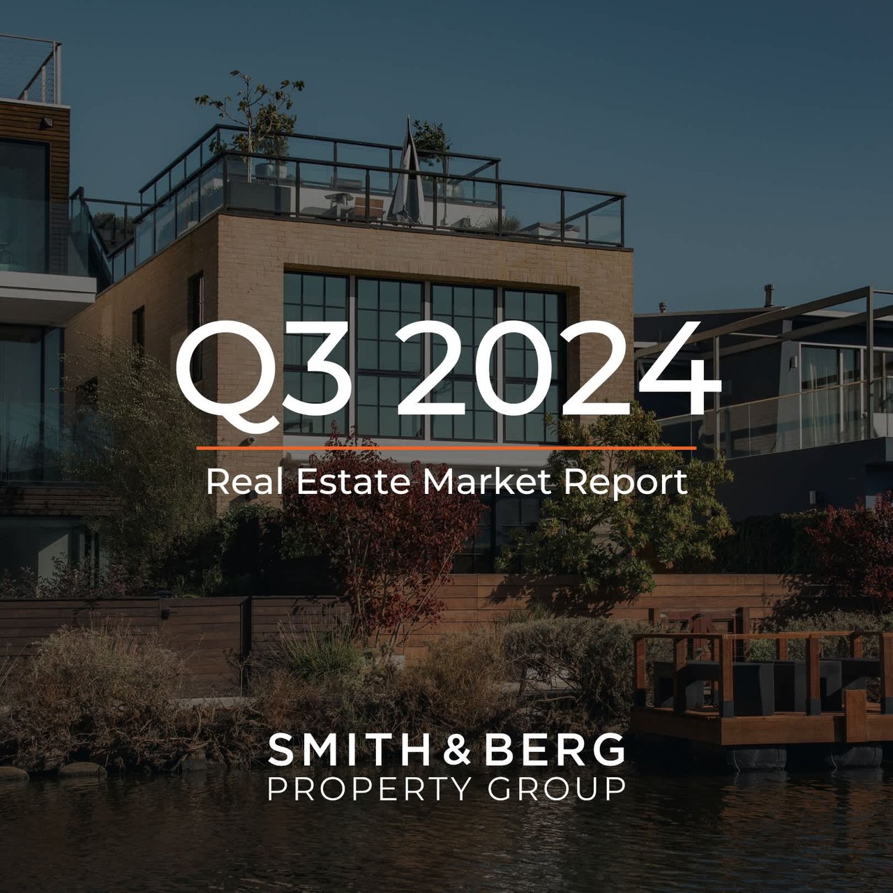 The cover of a "Real Estate Market Report" for "Q3 2024" features a modern, multi-story building with a flat roof and large windows, situated on a waterfront with a small dock