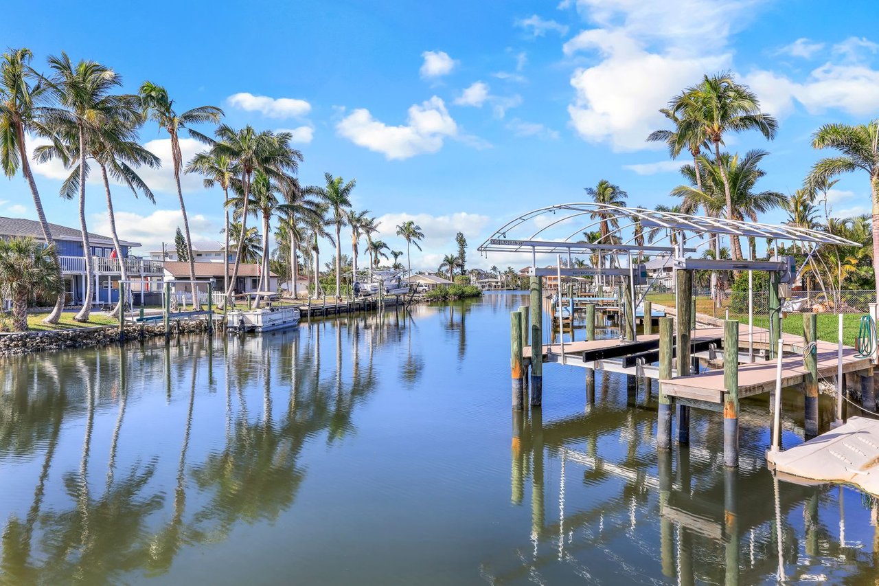  A picturesque canal is lined on both sides by tall palm trees and houses with private docks.