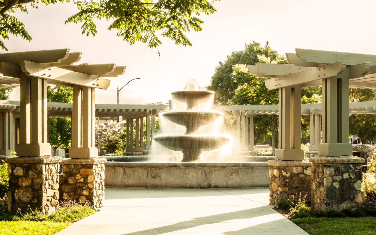 Central square with decorative fountain in San Elijo Hills