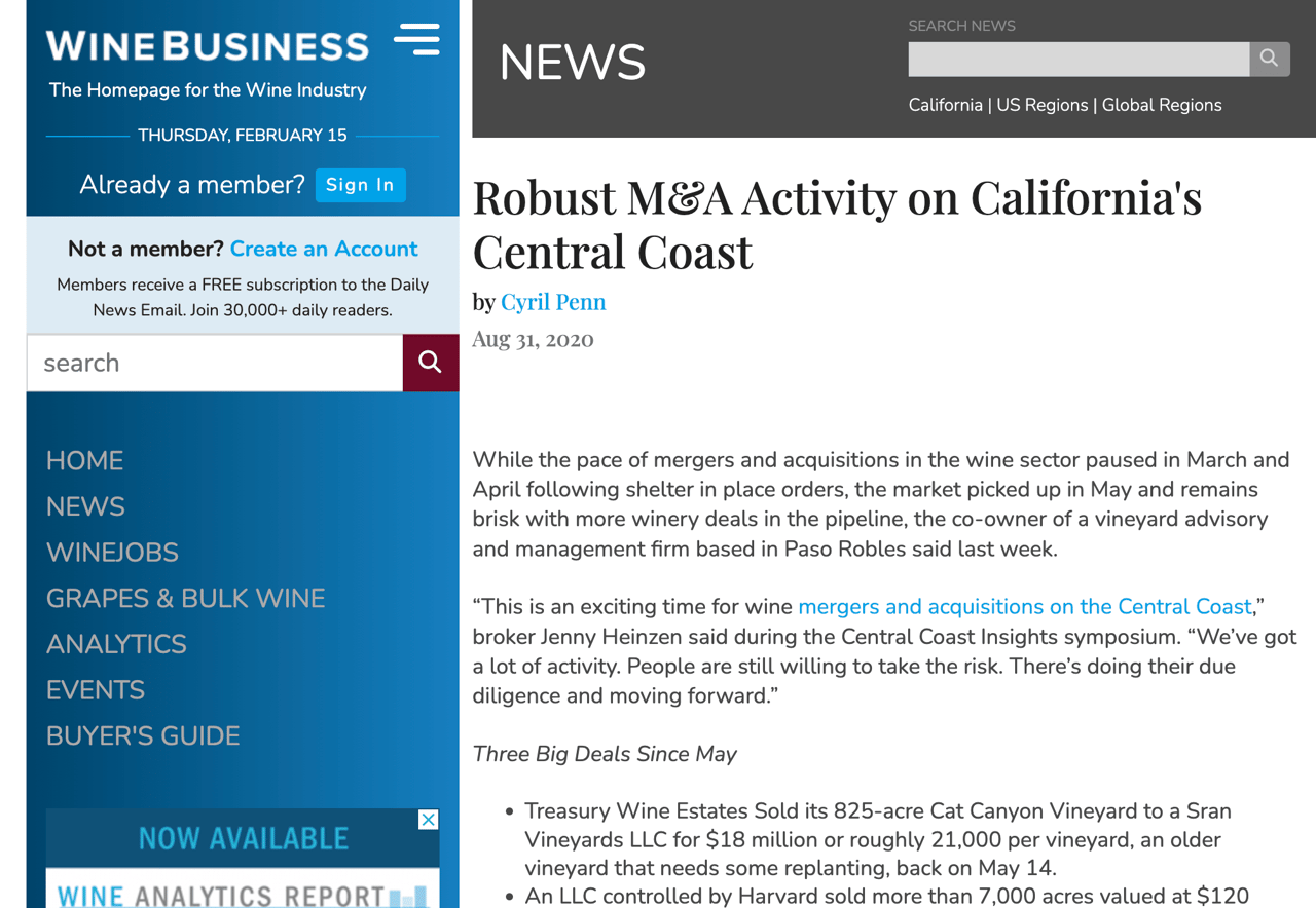 Robust Vineyard Sales Activity on California's Central Coast