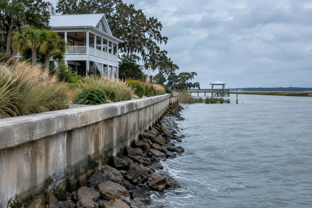 Raised white coastal house with a wraparound porch beside a rocky seawall and covered dock.