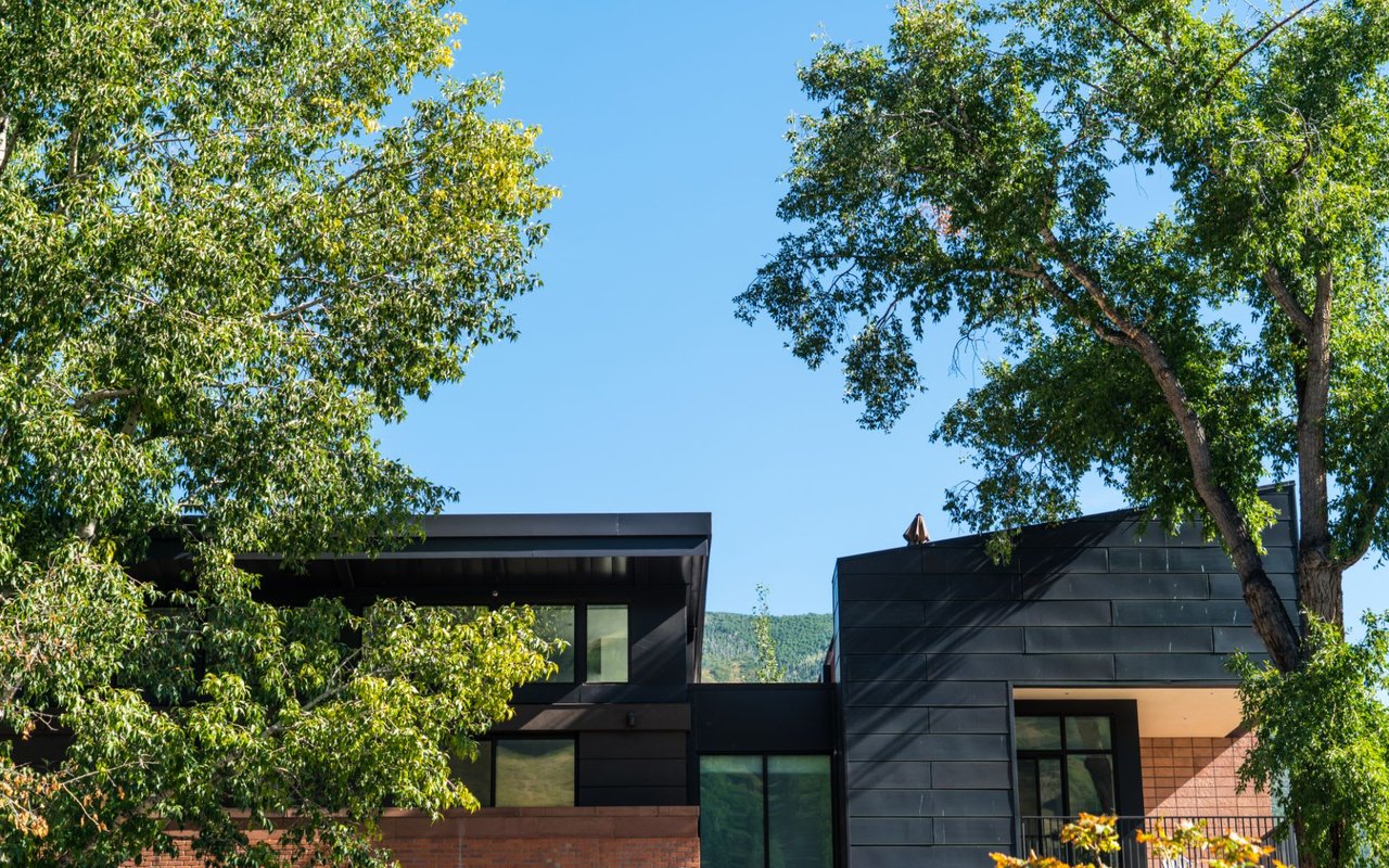 A modern two-story house with a black metal roof and large windows.