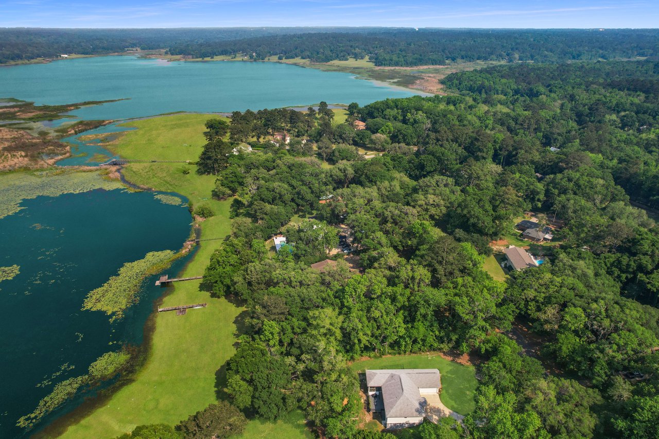 Another aerial view of Lake Breeze, showcasing the lake, surrounding houses, and the lush greenery.