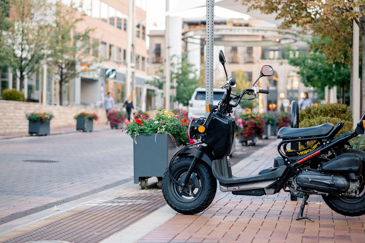 A black scooter parked on the sidewalk next to a potted plant.