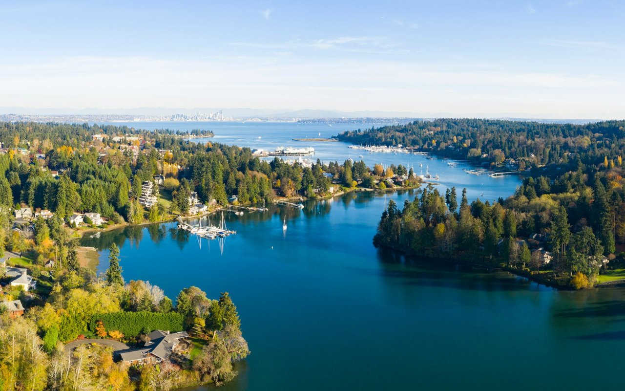 An aerial view of a lake and a river surrounded by dense green forest.