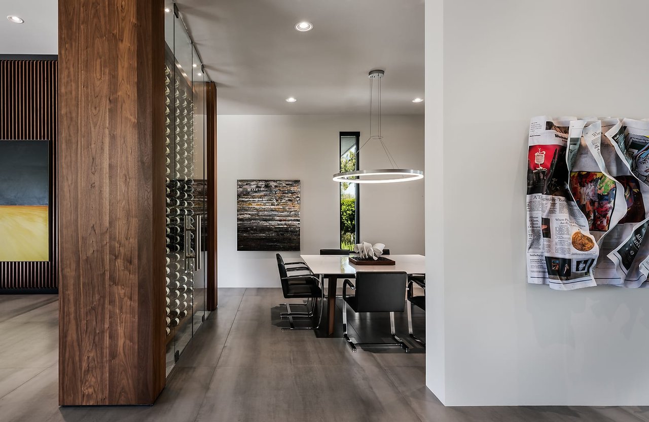 Wine rack in modern dining room of luxury home