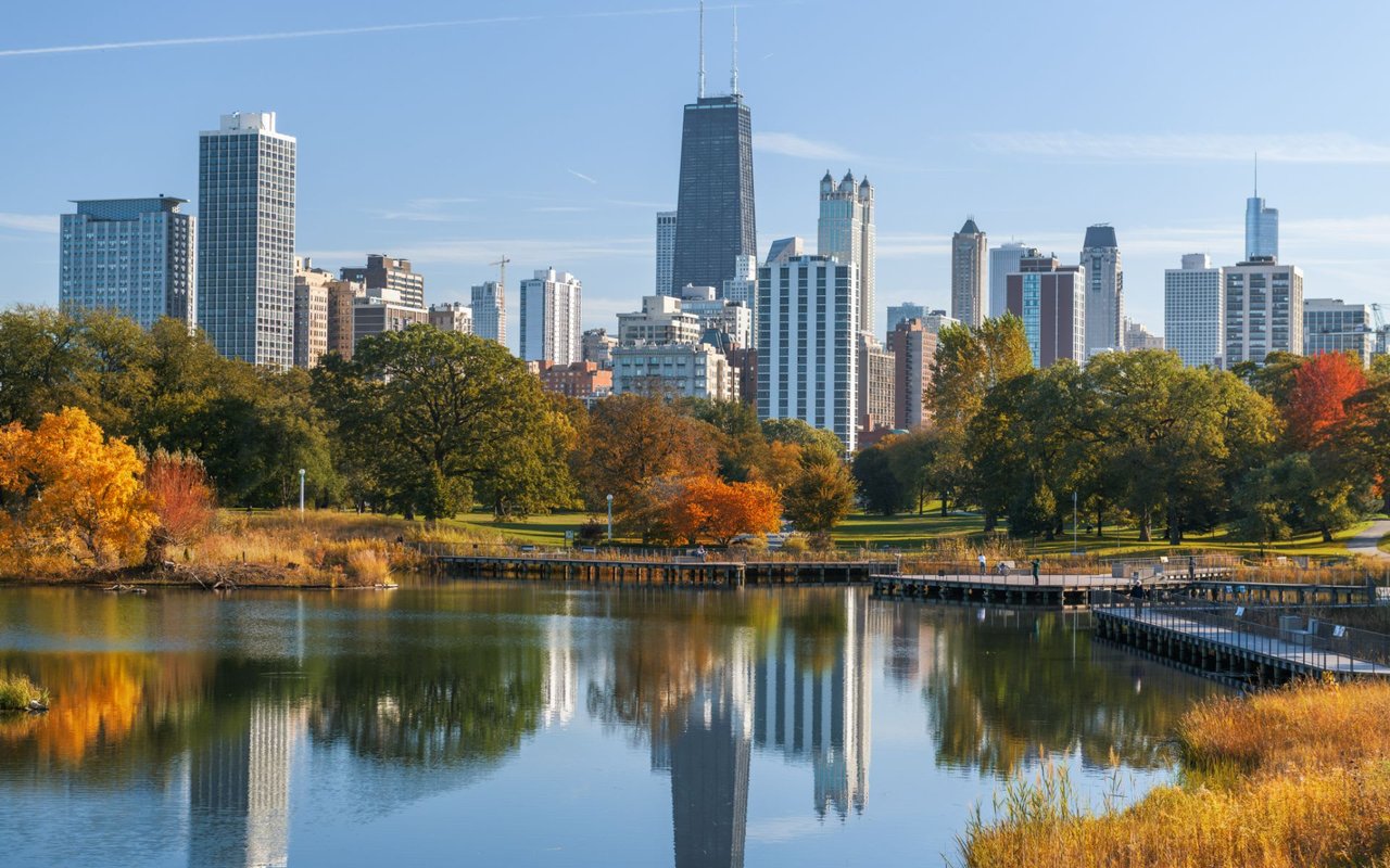 A serene body of water lined by lush trees in Lincoln Park, with the Chicago skyline rising majestically in the background.