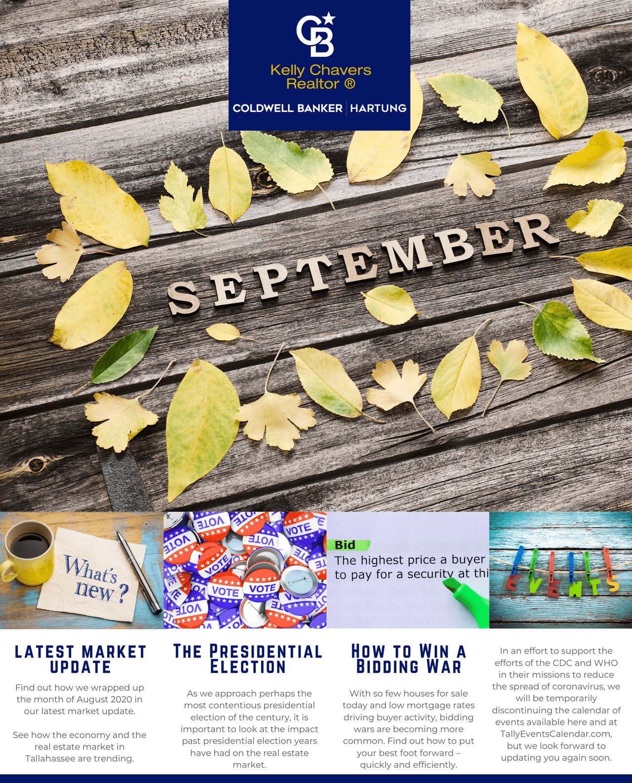 A promotional newsletter or marketing flyer for Kelly Chavers, Realtor® at Coldwell Banker Hartung, featuring real estate updates and insights for September. 