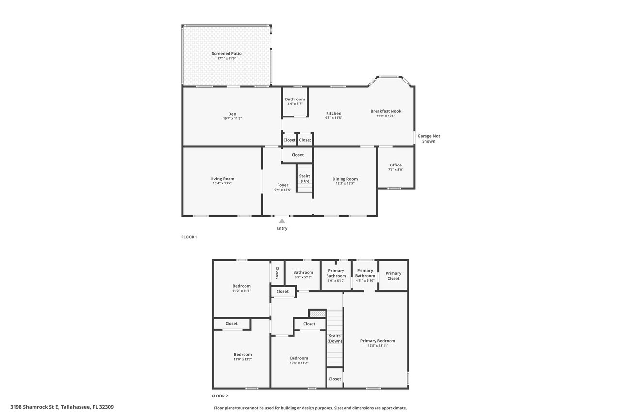 2D Floorplan of 3198 Shamrock St E, Tallahassee, FL 32309 with 9'9" x 13'9" Entry/Foyer, 15'4" x 13'9" Living Room, 19'4" x 11'5" Den, 17'1" x 11'9" Screened Patio,  4'9" x 5'7" Bathroom, 11'9" x 13'5" Kitchen, 11'9" x 13'5"  Breakfast Nook, 12'3" x 13'9" Dining Room, 7'0" x 8'0" Office, 12'5" x 18'11"  Primary Bedroom, 6'9" x 5'9" Primary Bathroom, 4'11" x 3'9" Primary Closet, 11'0" x 13'7" Bedroom 2, 11'0" x 13'7" Bedroom 3, 10'6" x 11'1" Bedroom 4, 6'9" x 5'9" Bathroom 2. Sizes and dimensions are approximate.