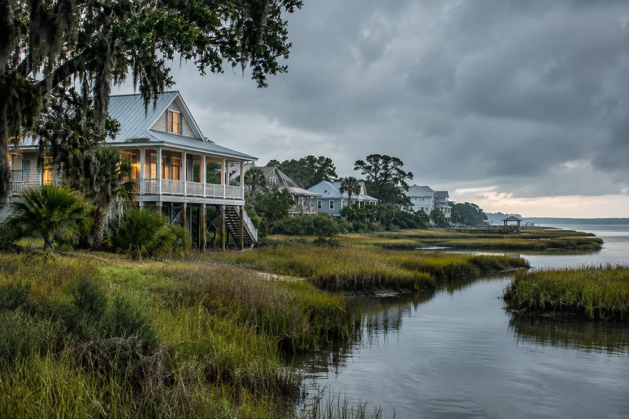 Coastal homes beside a marsh, with a raised porch house beneath a cloudy dusk sky.