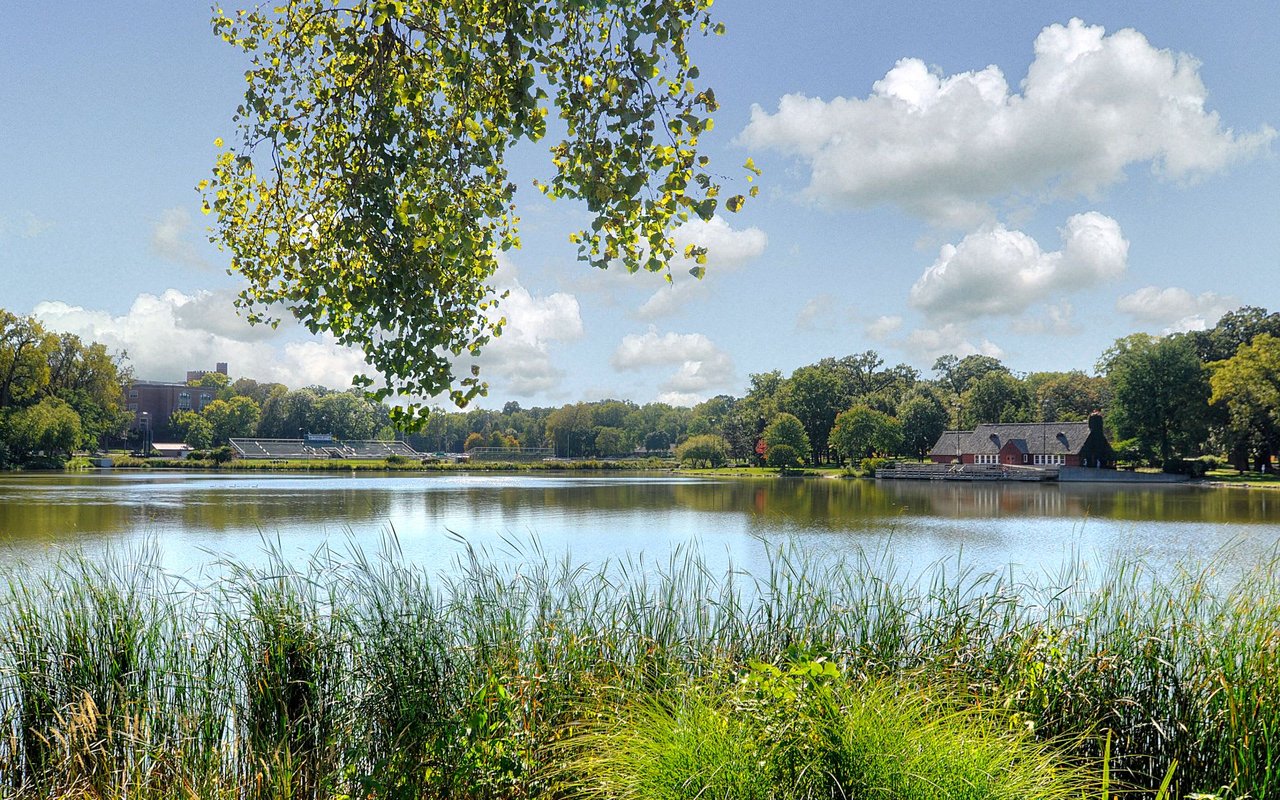 A view of Lake Ellyn and Glenbard West High School in Glen Ellyn IL