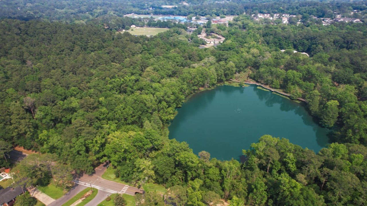 A closer aerial view of the central lake within the San Luis community, surrounded by trees and residential properties.