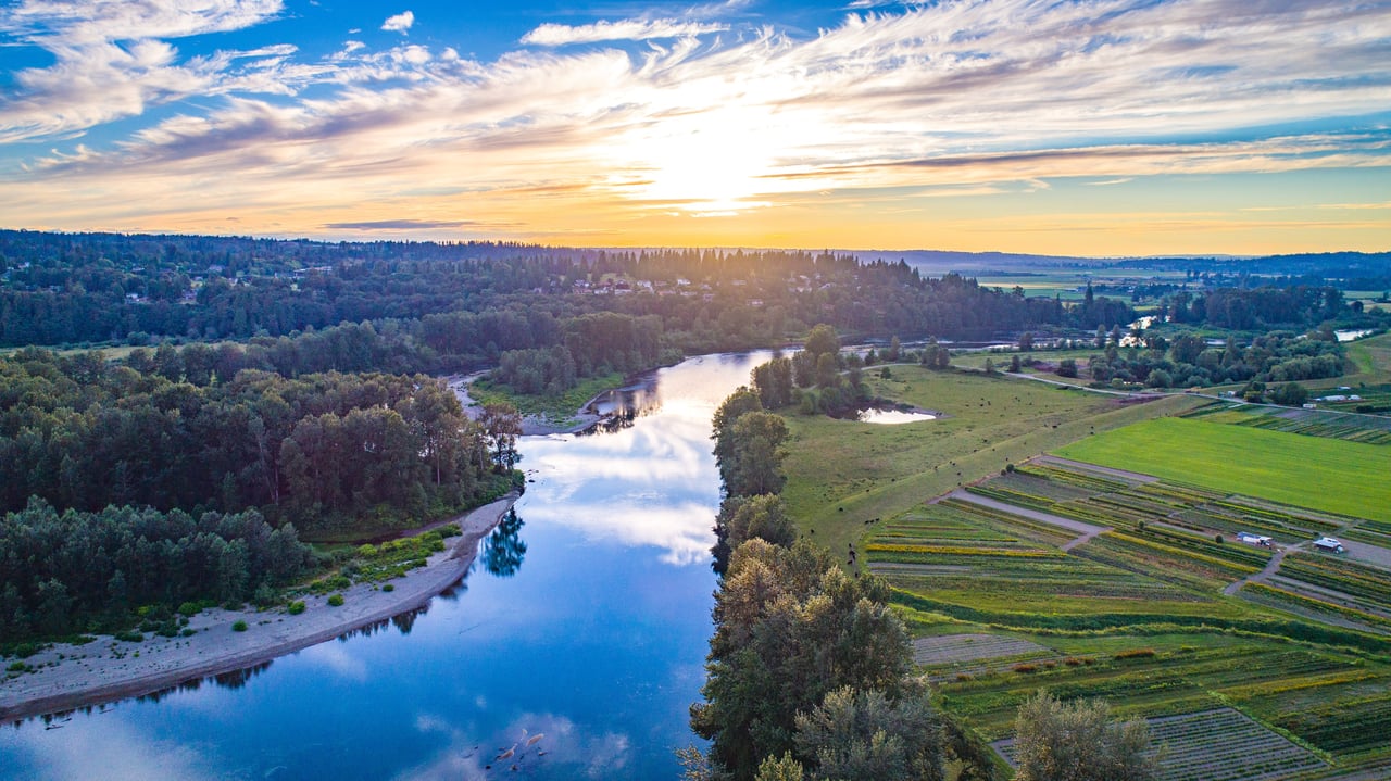 An aerial view of a winding river flowing through a lush green landscape