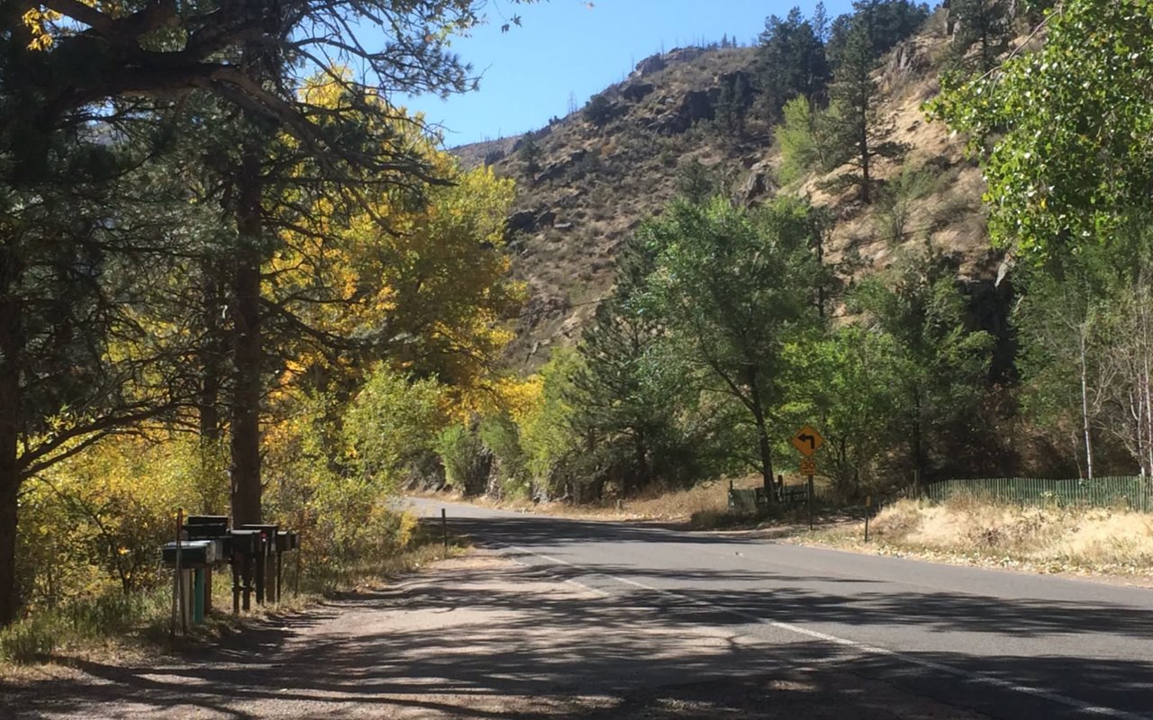 A winding, asphalt road curves through a lush green forest.