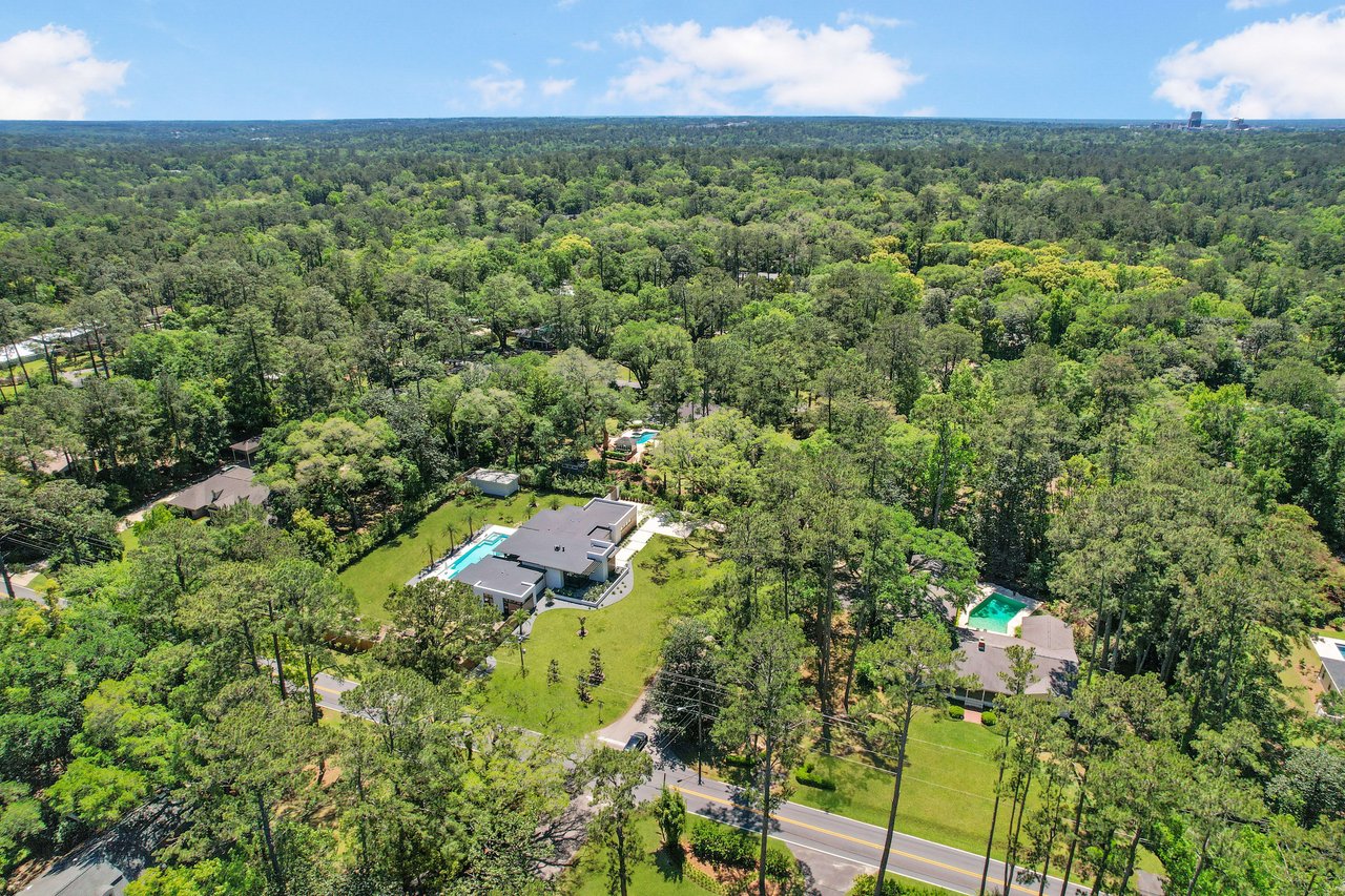 Another aerial view of the Piedmont Live Oak neighborhood, focusing on the residential layout and surrounding trees.