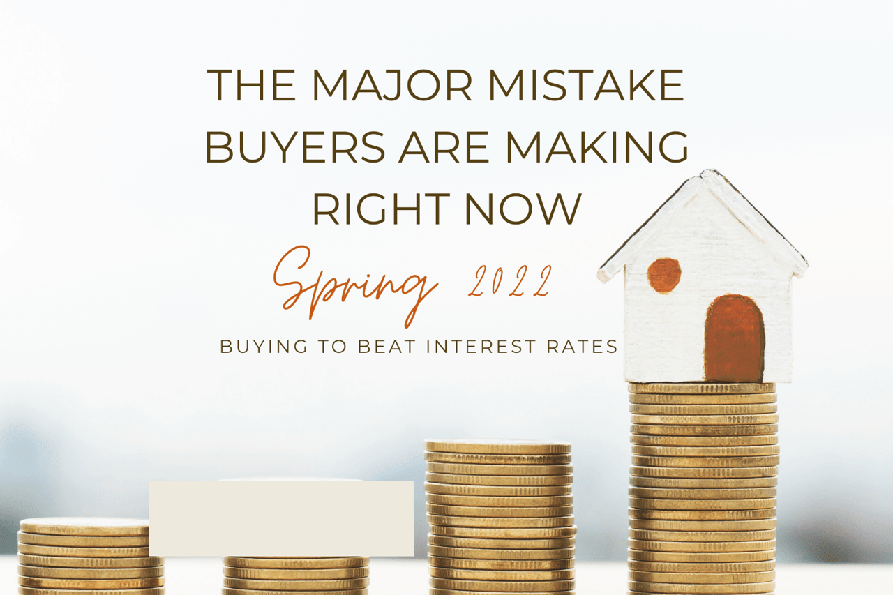 Blog graphic about home buyers trying to beat interest rates, with a house atop a tall stack of coins.