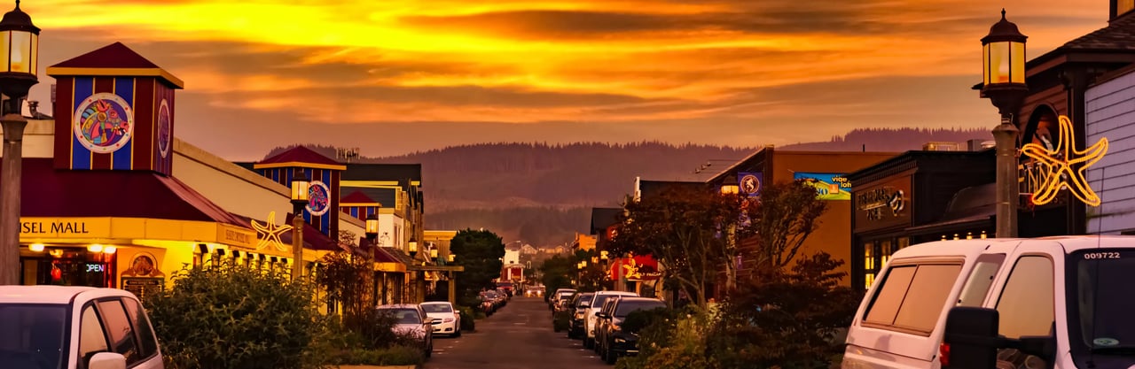 Sunset reflection on Broadway Street in Seaside Oregon