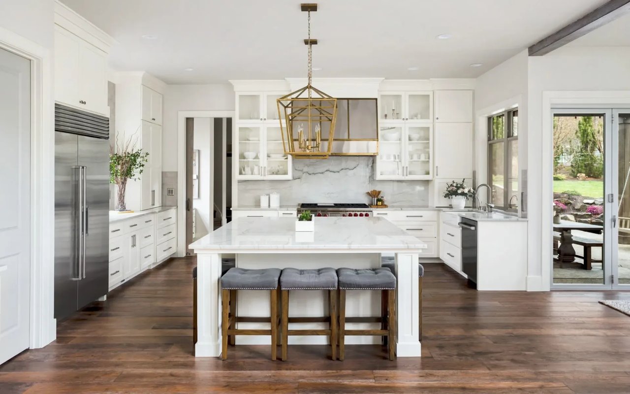 Modern kitchen with a sleek white finish and a spacious island in a Westlake Village, California home.