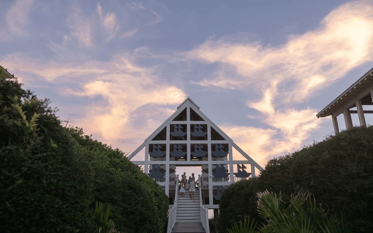 Sunset at the famed Pensacola Pavilion in Seaside Florida, home to classic 30A homes for sale. 