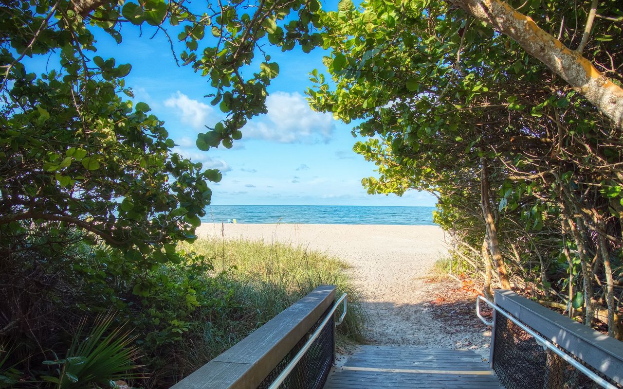 A wooden walkway leading to Casey Key beach surrounded with bushes 