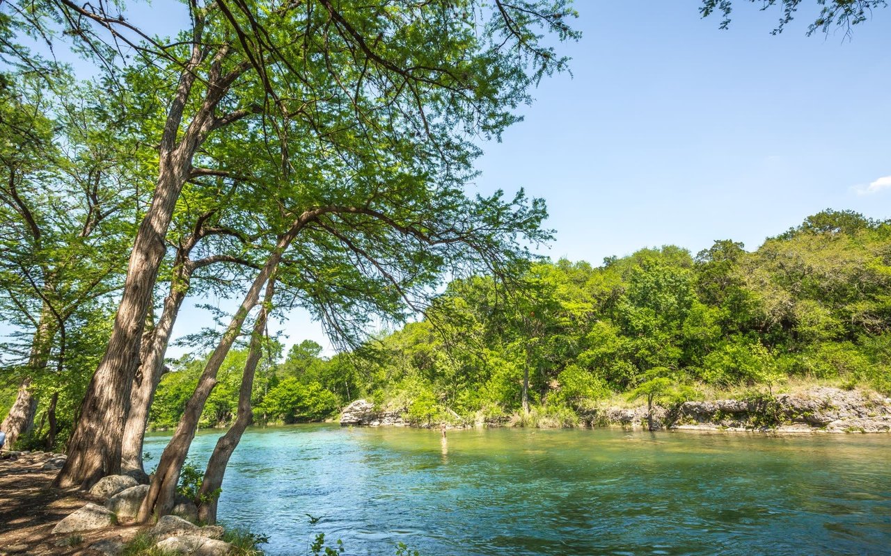 A clear, turquoise river winds through a lush green forest.