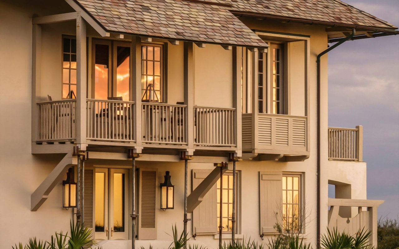 A house with sunlit windows and two balconies gleams under a slate roof.