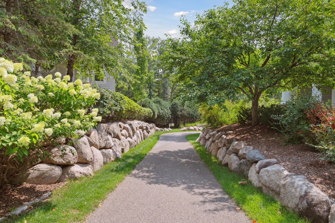 A pathway lined with large rocks and mature trees on both sides.