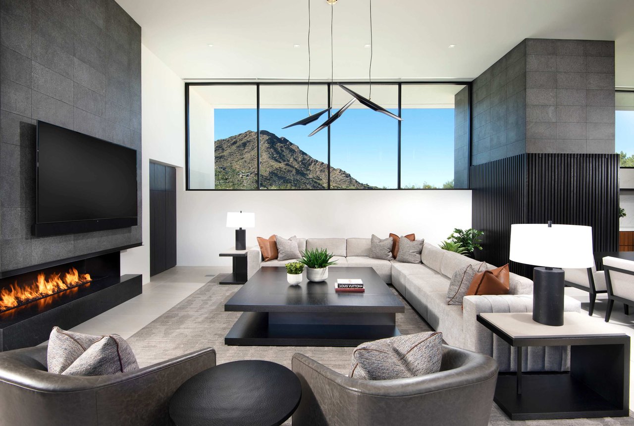 Modern living room with Camelback Mountain views