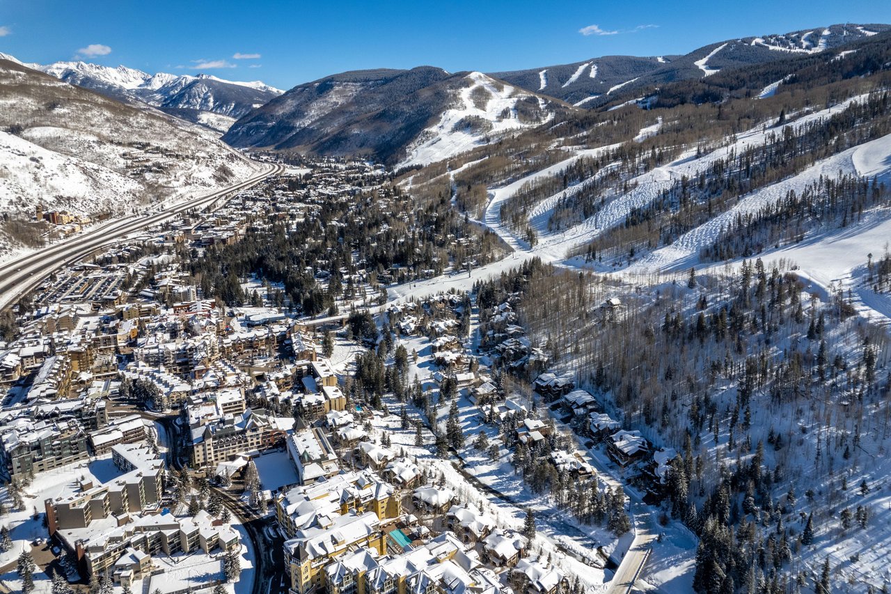 An aerial view of Vail, Colorado, a popular ski resort town
