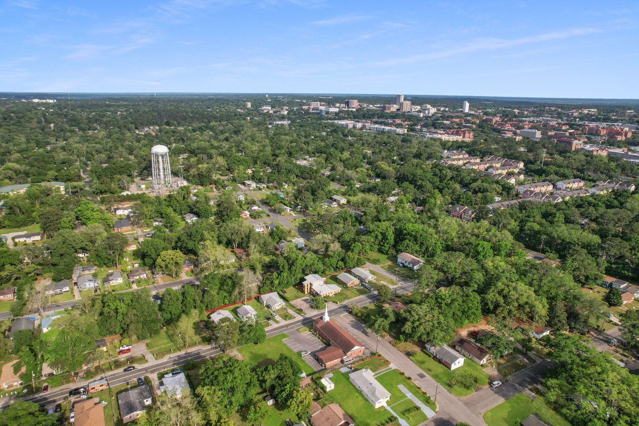 An aerial view highlighting the layout of Frenchtown, showing a mix of residential and possibly commercial buildings.