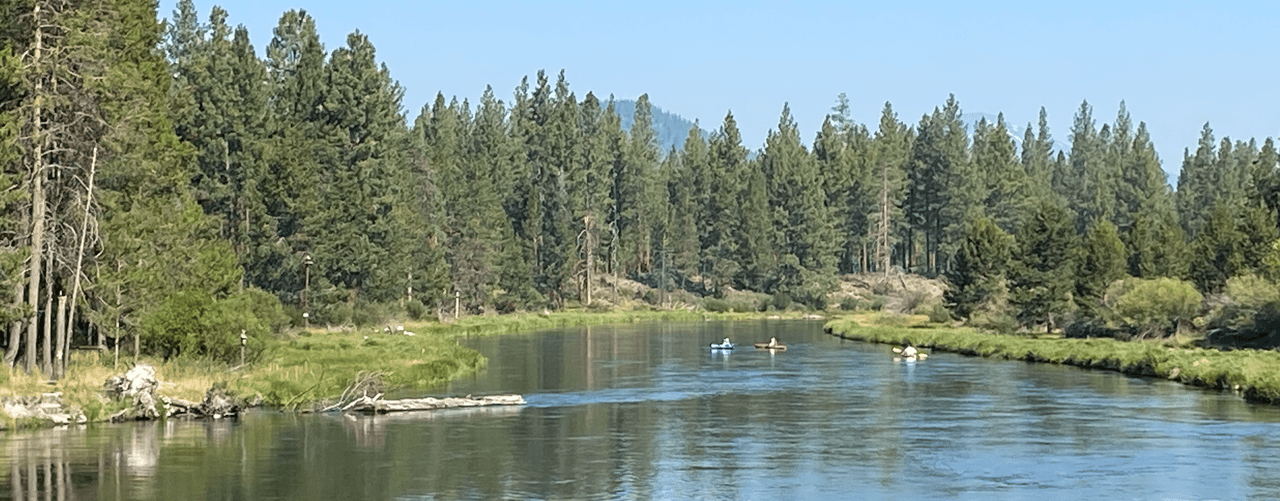 a beautiful river surrounded by trees under the blue skies