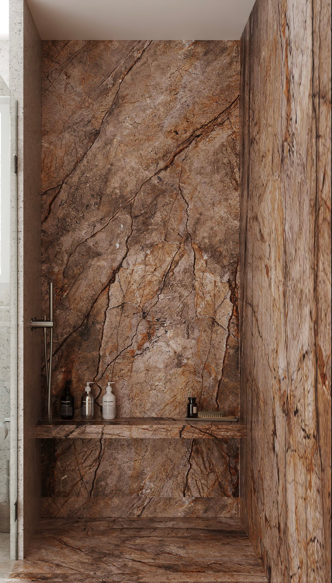 A modern bathroom with a walk-in shower featuring a brown marble wall with white veins.