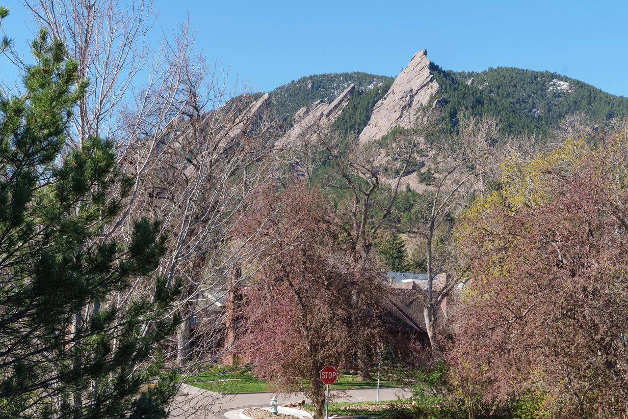 The Flatirons rock formations in Boulder, Colorado, with angled sandstone peaks against blue sky, framed by winter trees and a stop sign.
