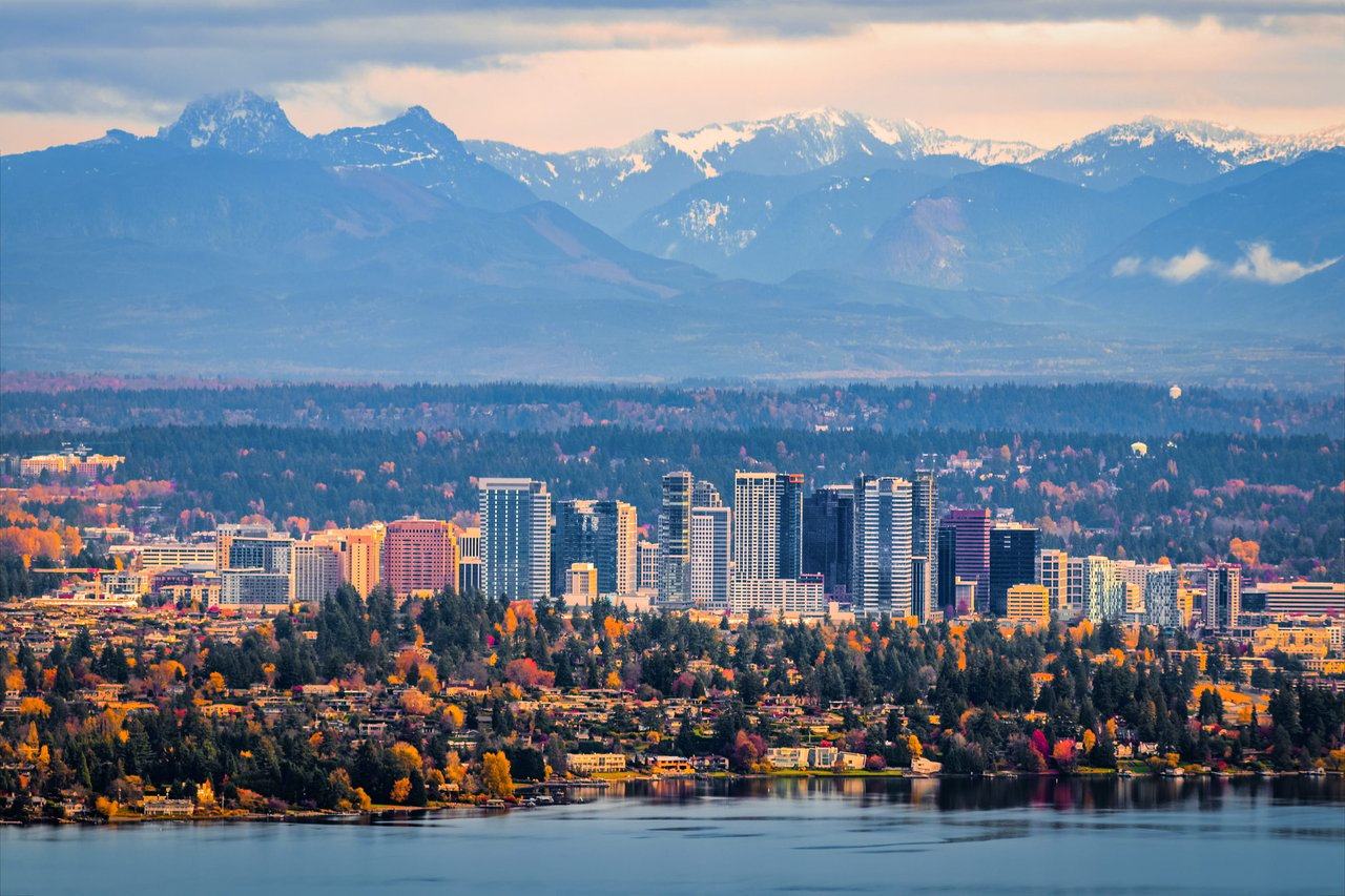 A panoramic view of Bellevue, Washington, with the Cascade Mountains in the background