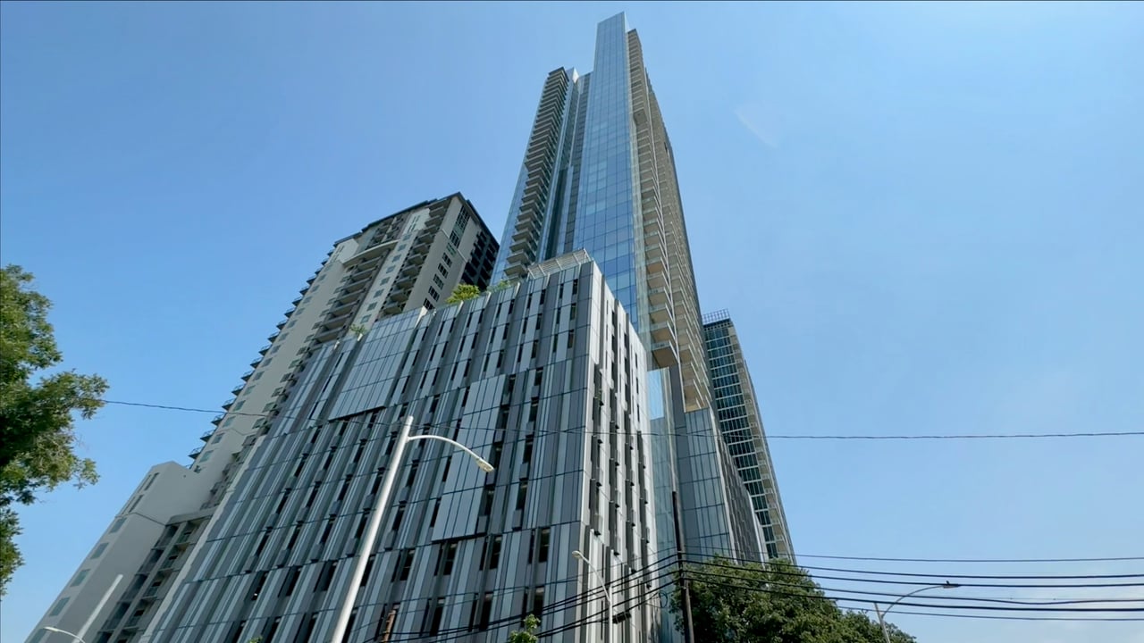 View from the street looking at 44 East condo tower downtown austin