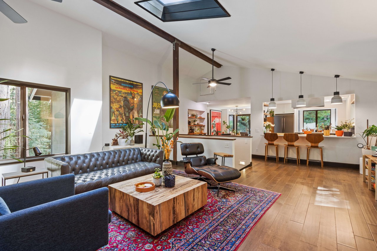 Open-plan living room and kitchen with a leather sofa, lounge chair, skylight, and patterned rug.