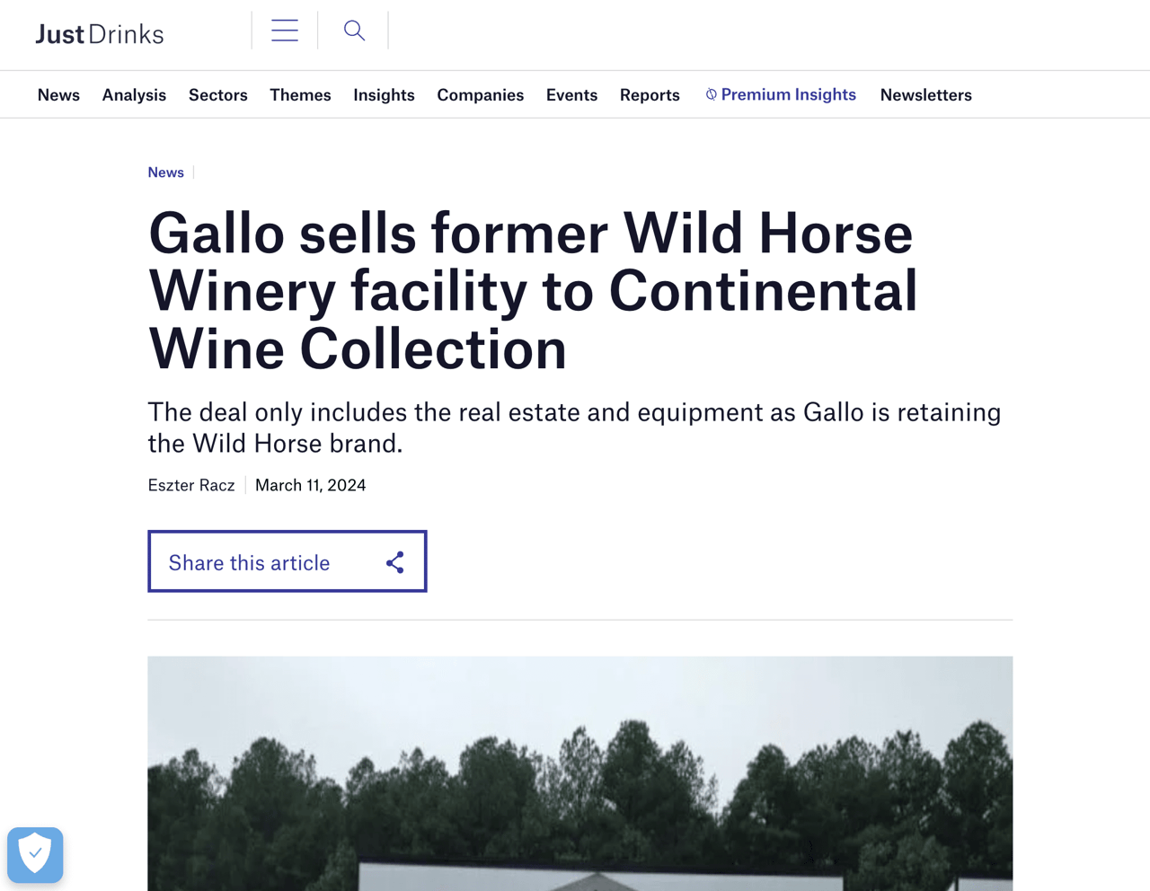 Gallo sells former Wild Horse Winery facility to Continental Wine Collection