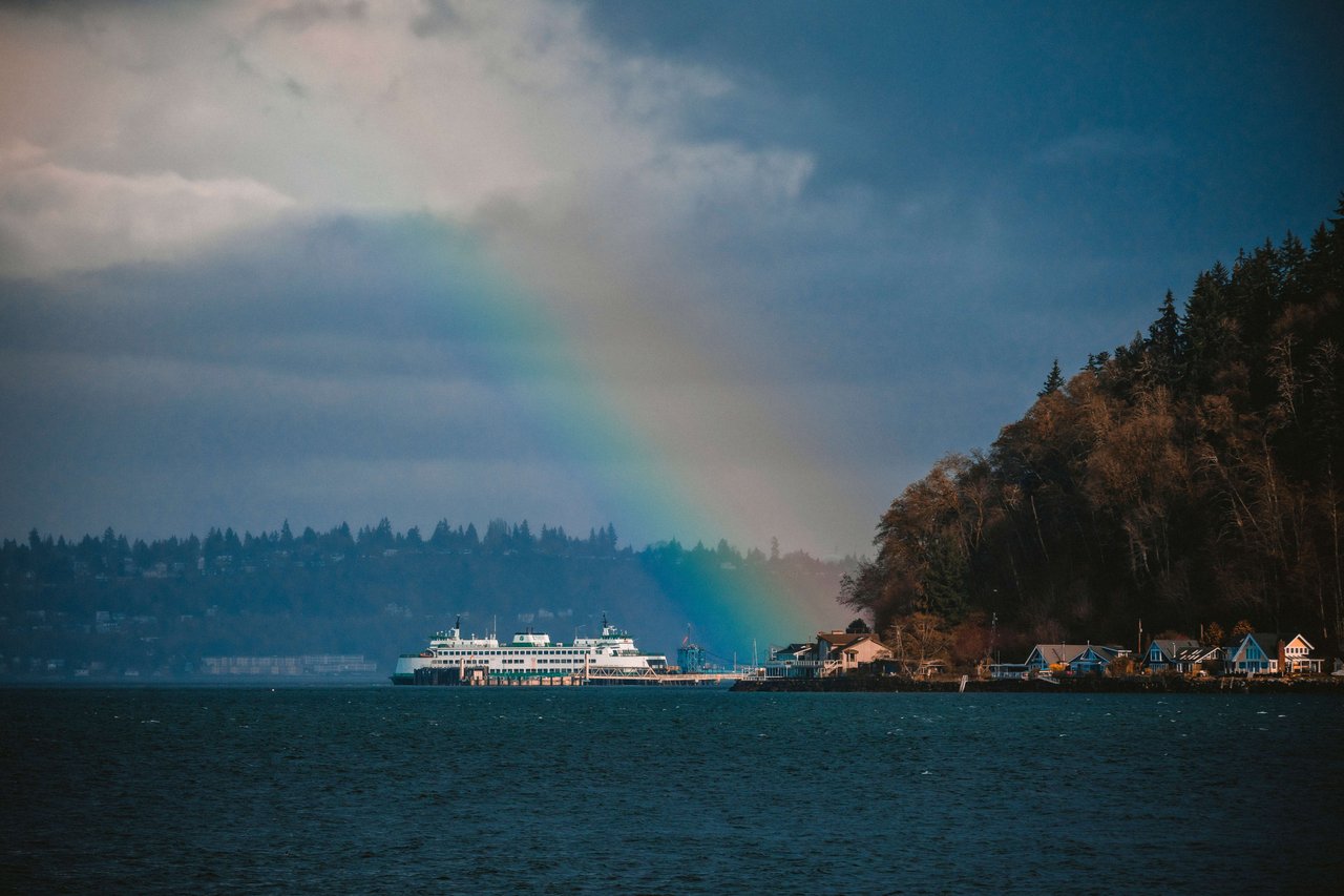 rainbow over puget sound in spring during visit to Seattle