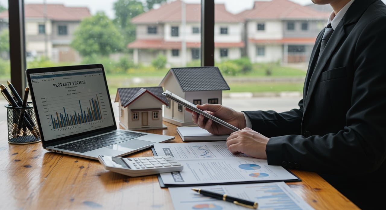 Real estate professional reviewing property charts beside model houses and a calculator