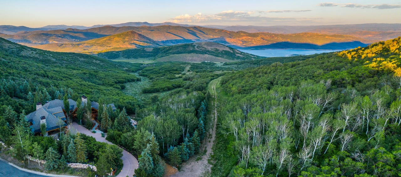 Aerial view of a house in a mountain landscape
