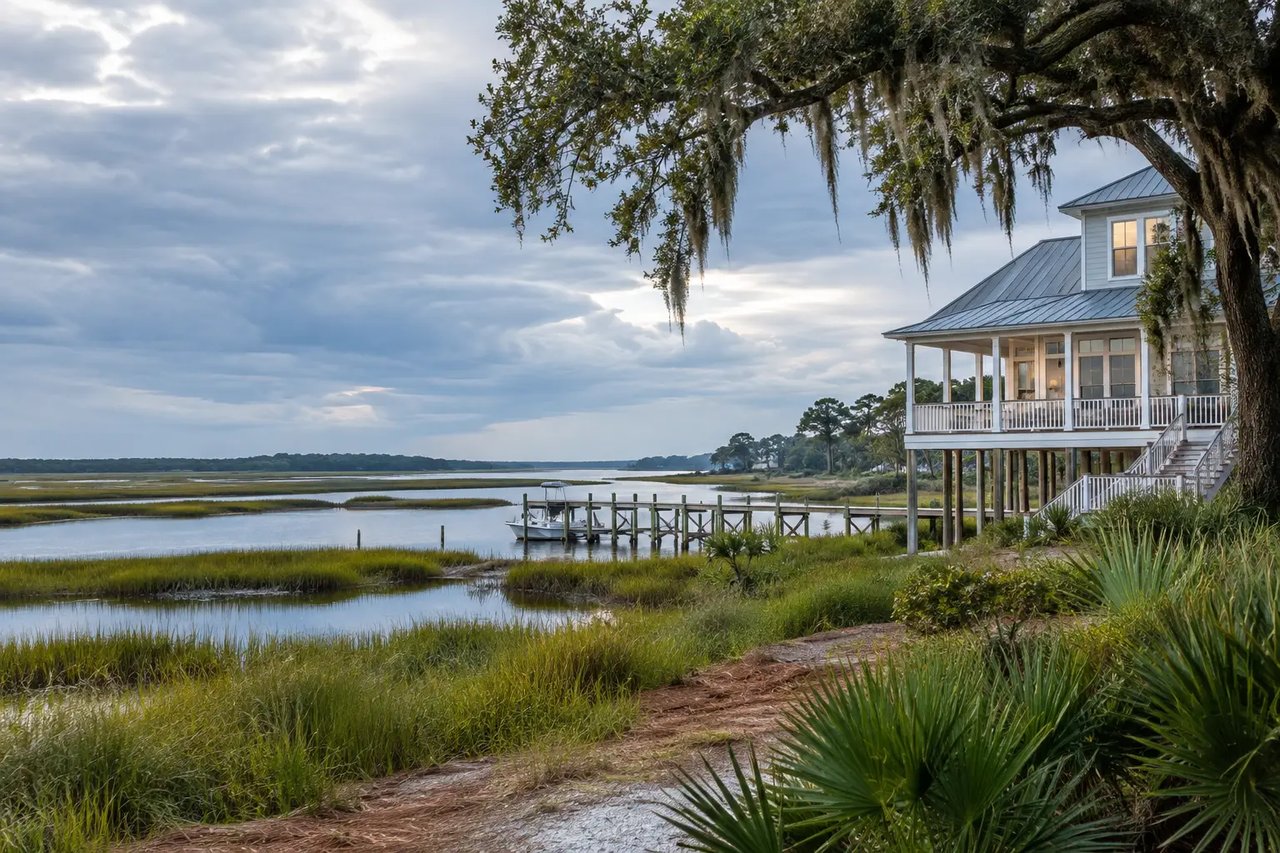 Raised coastal house beside a tidal marsh, with a wooden dock and moss-draped oak.