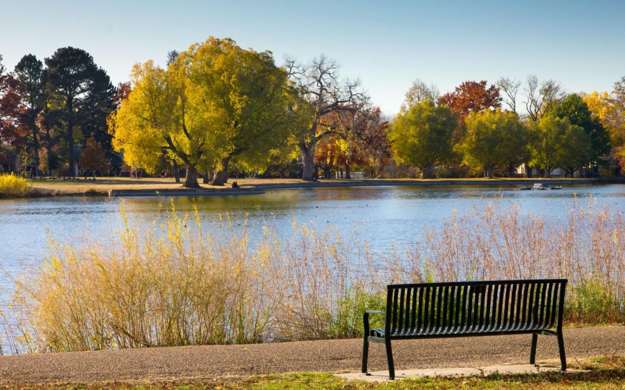 Highlands ranch homes for sale. A wooden bench by calm lake in Highlands Ranch, green backrest, gravel path, grassy area, and distant trees.