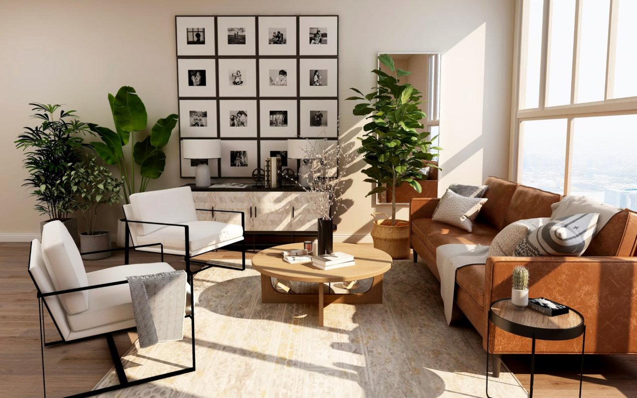 A living room with a couch, chairs, a coffee table, several plants, pictures, a mirror on the wall, and a large window.