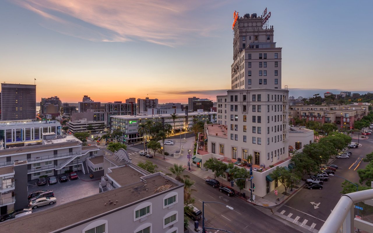 Downtown San Diego at sunset looking at hotel