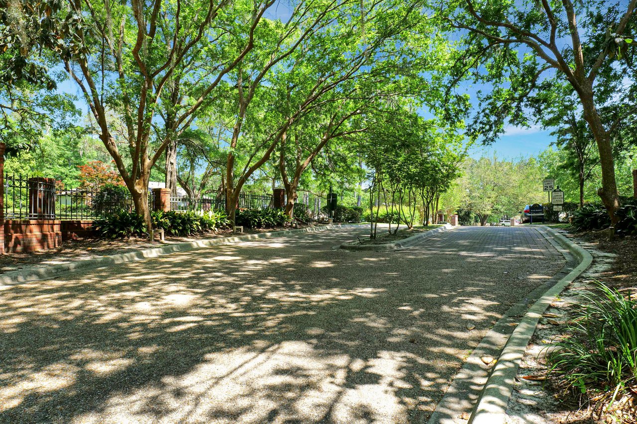 A view of a tree-lined street in the Arvah Branch community, creating a shaded and picturesque environment.